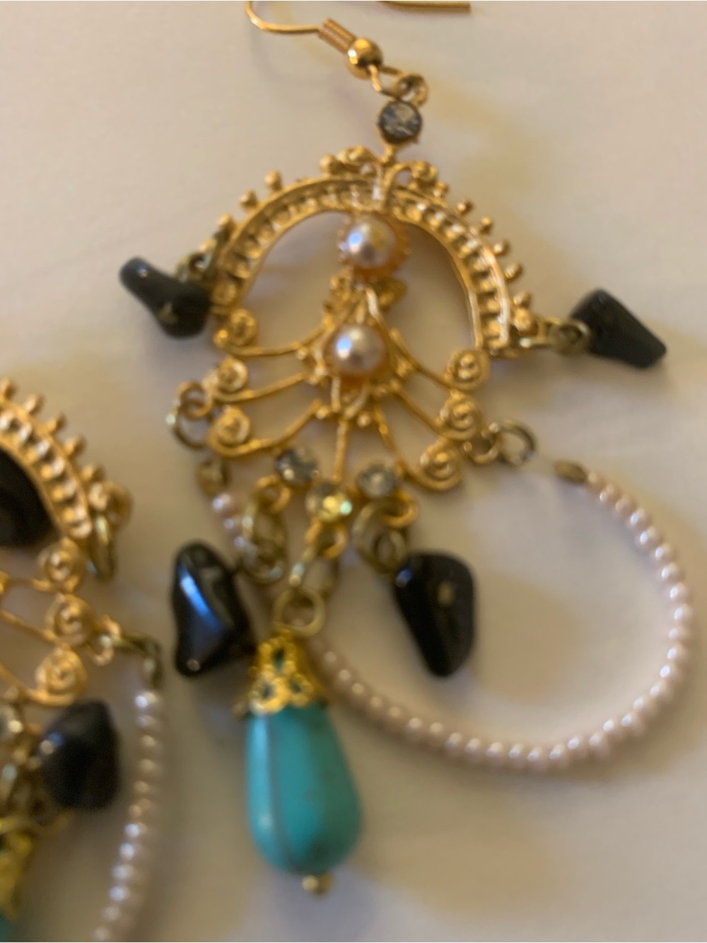 Gold Filigree Hoop Earrings with Black, Turquoise & Pearl Accents